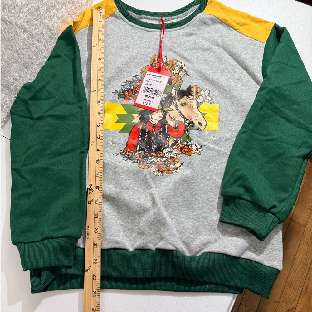 American Bling Women Retro Western Cowgirl Graphic Horse Sweatshirt S Med NWT